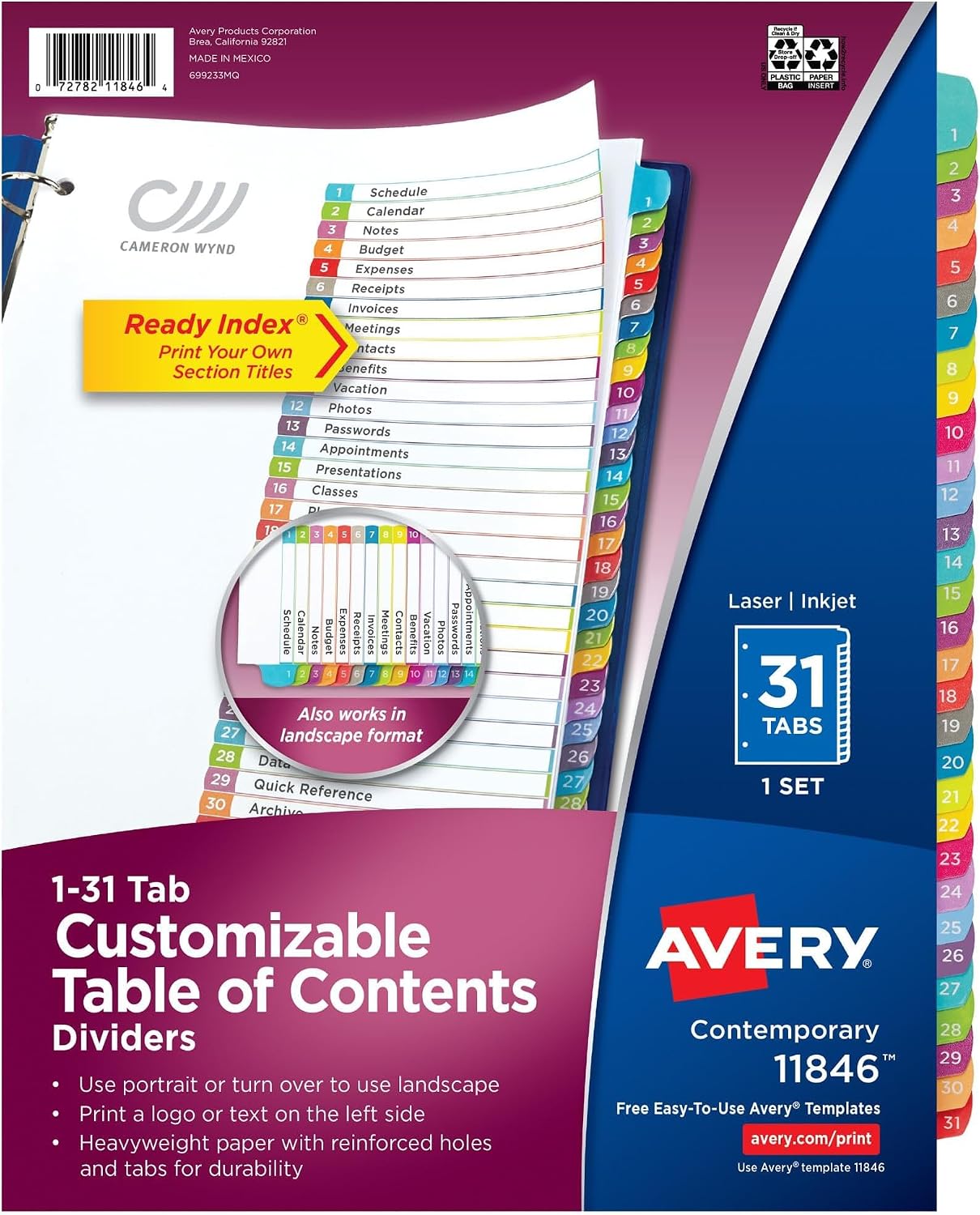 Avery 1-31 Dividers for 3 Ring Binders, 31 Tabs per Set, Customizable Table of Contents, Multicolor Arched Tabs, Great for Organizing Reports, Projects, and More (11846) (Pack of 12)