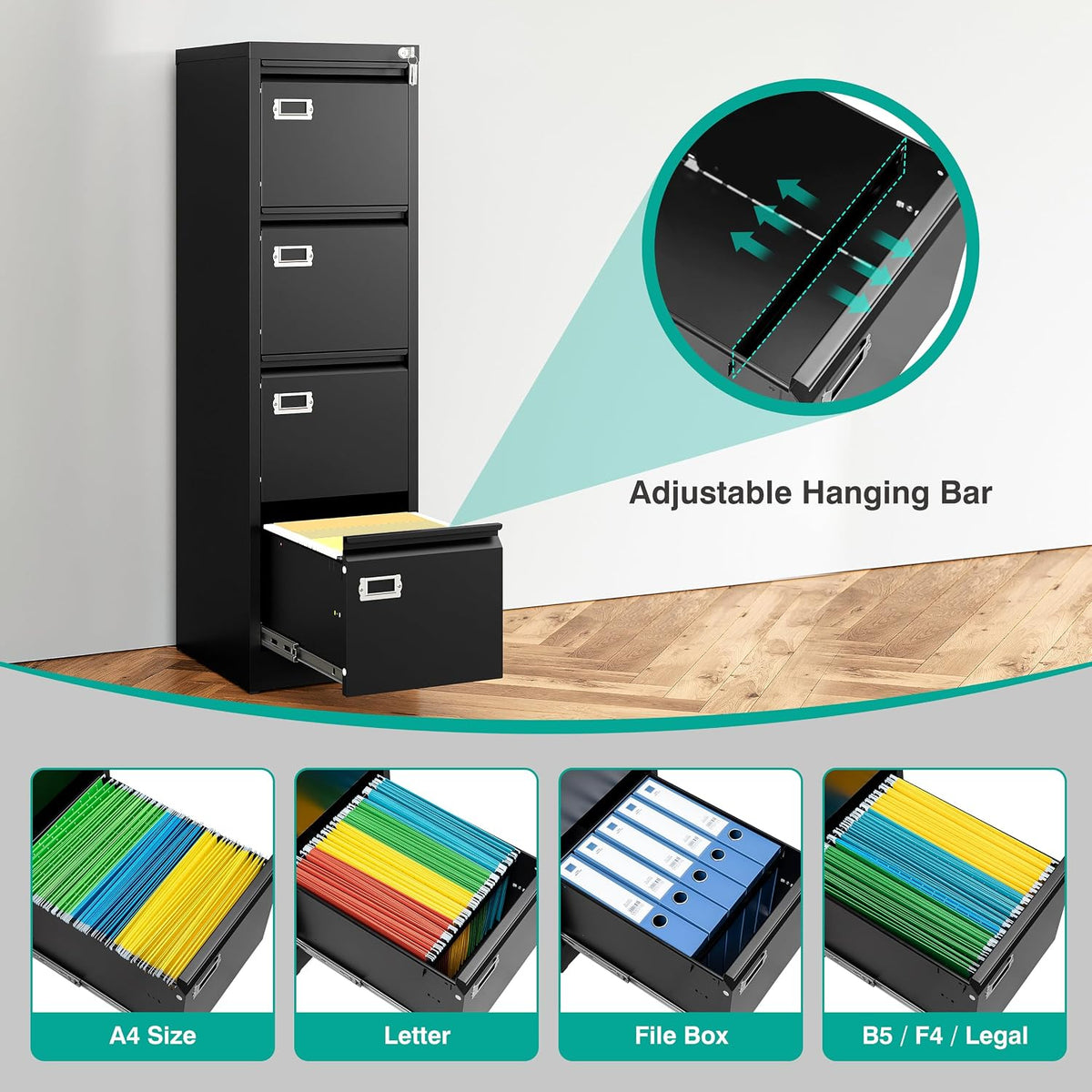 sisesol 4 drawer file cabinet with lock and, side view