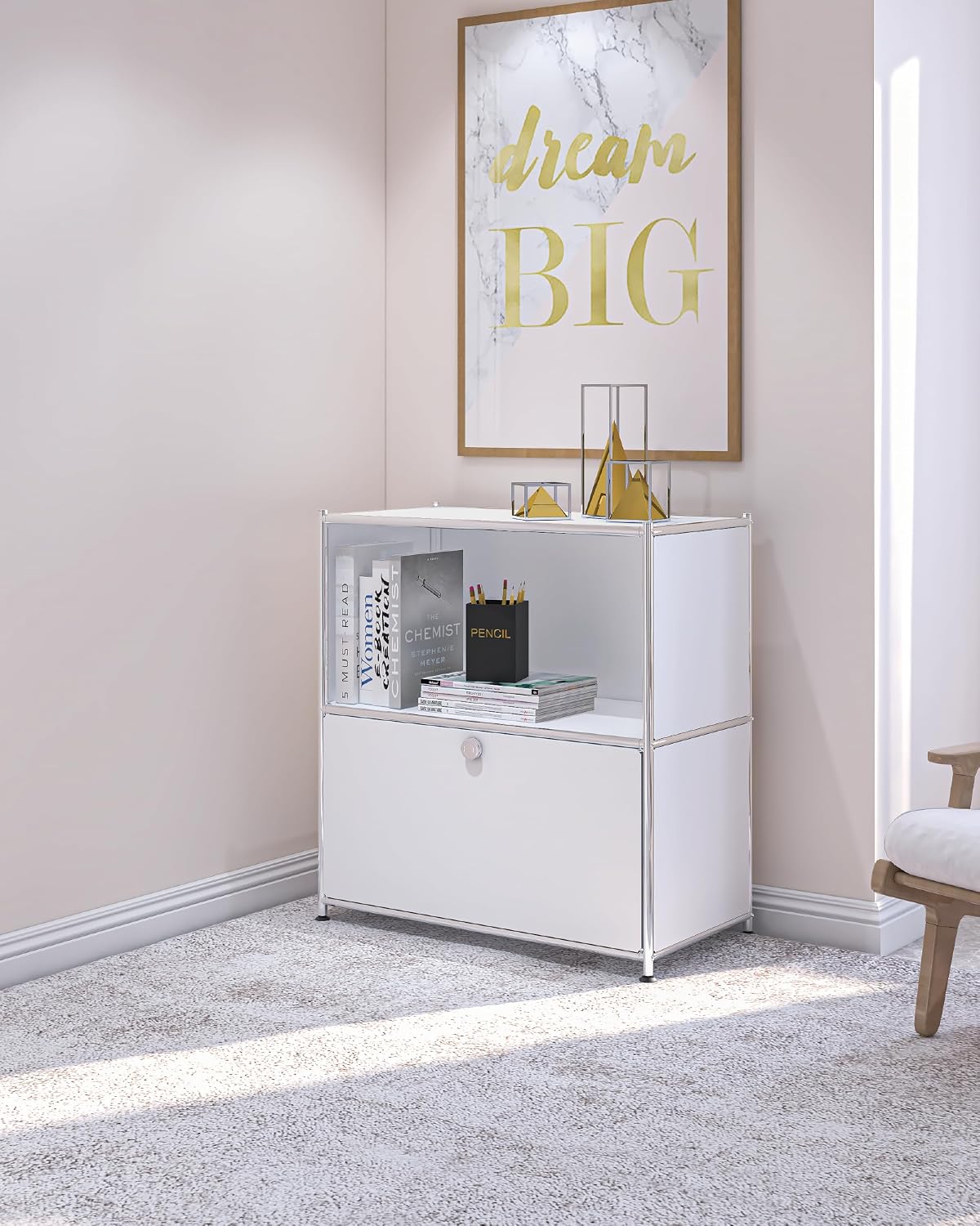 32.5-Inch Flip-Top Storage Cabinet with Detachable Wheels, Metal Side Table a...