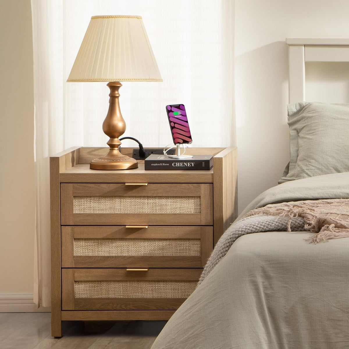 SICOTAS Rattan Nightstand for Bedroom, Bedside Table with 3 Large Drawers
