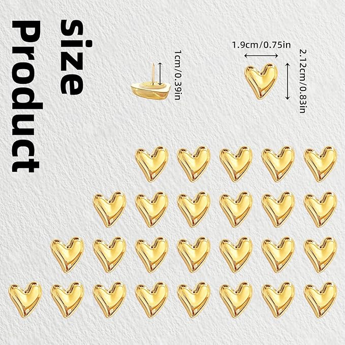 CllyCnny Heart Push Pins: 50PCS Cute Decorative Push Pins Gold Heart Thumb Tacks - Image 2