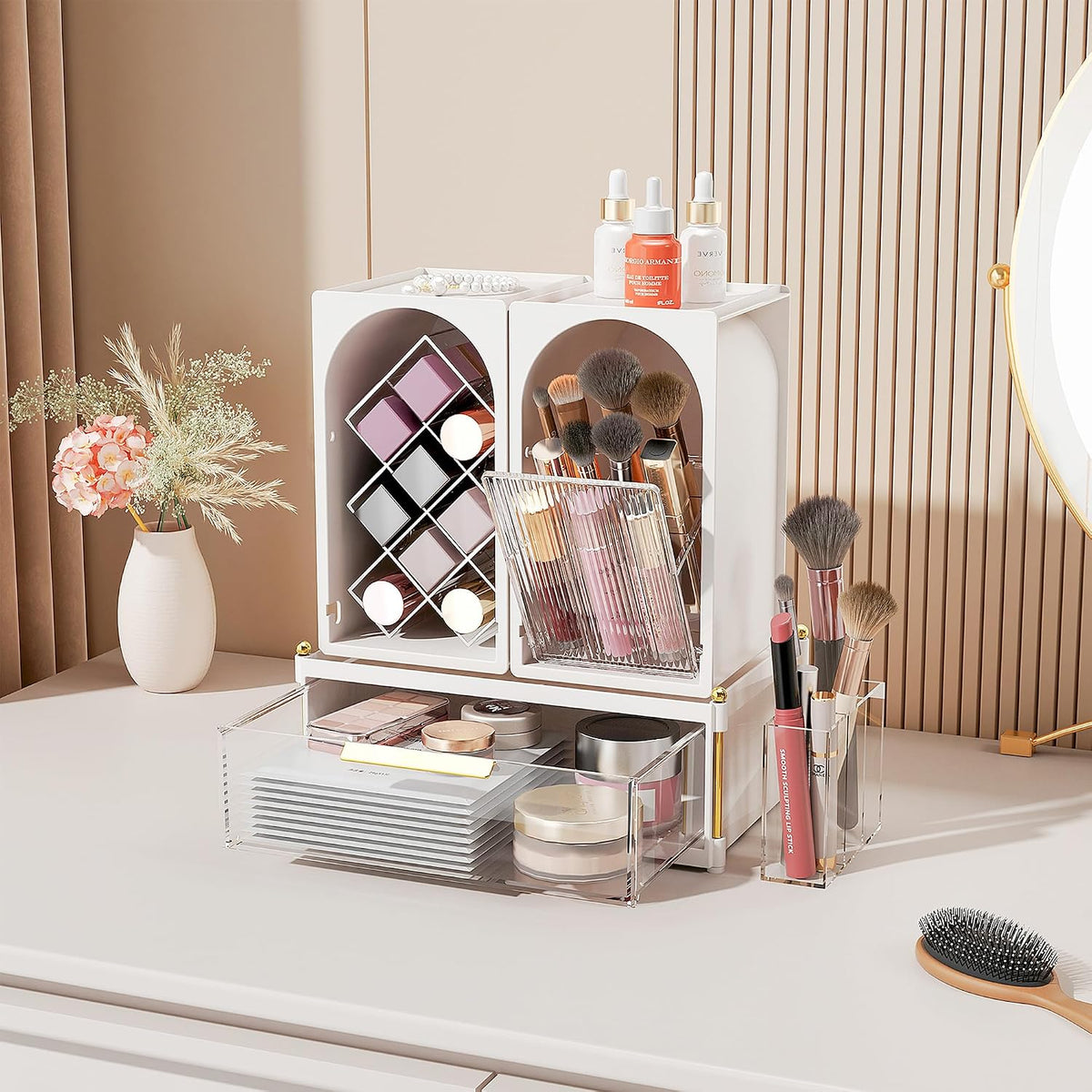 FOLLOWIN Compact Makeup Organizer Set, Makeup Brush Organizer