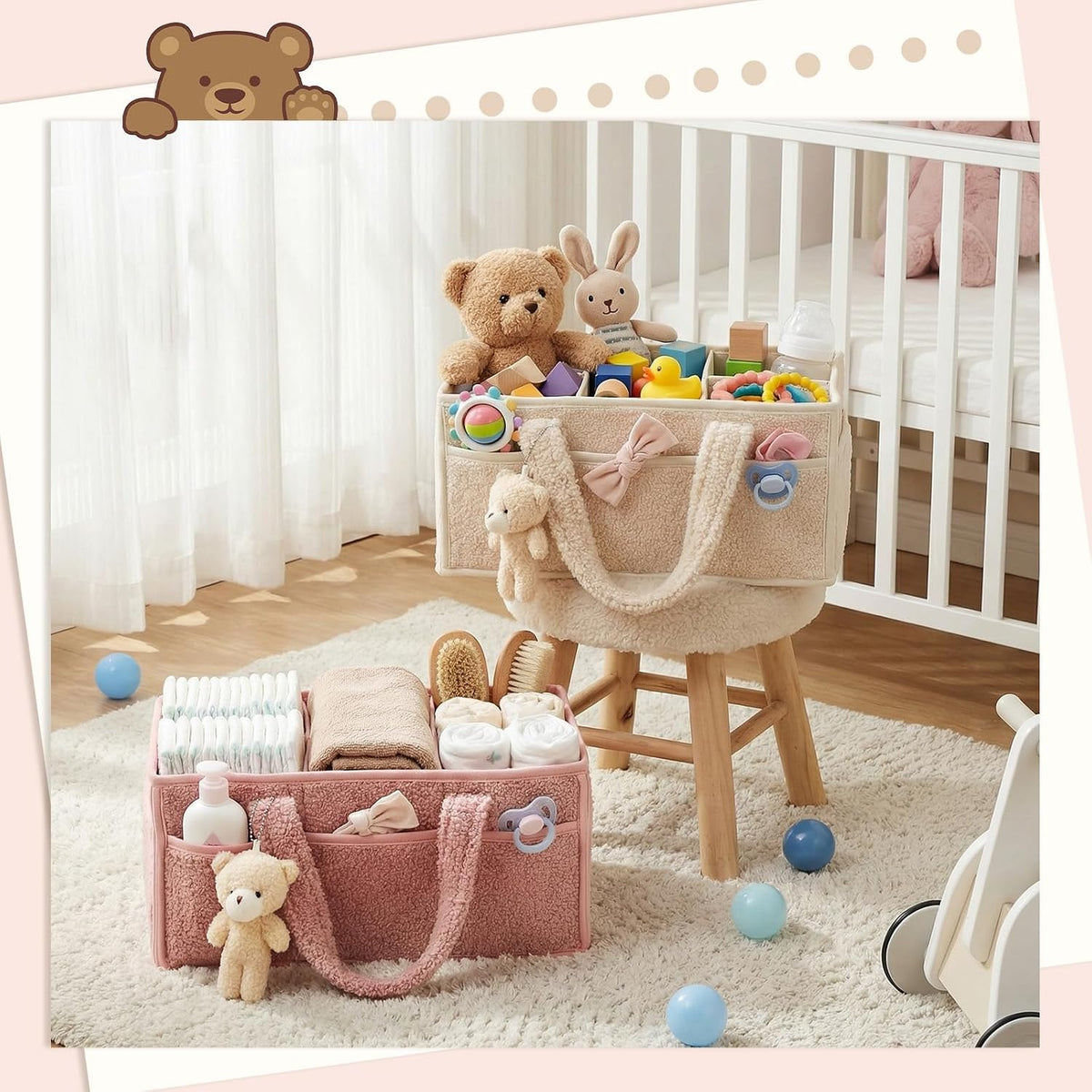 Shinylin 2 Pack Plush Diaper Caddy Organizer, Powder Pink and Ivory