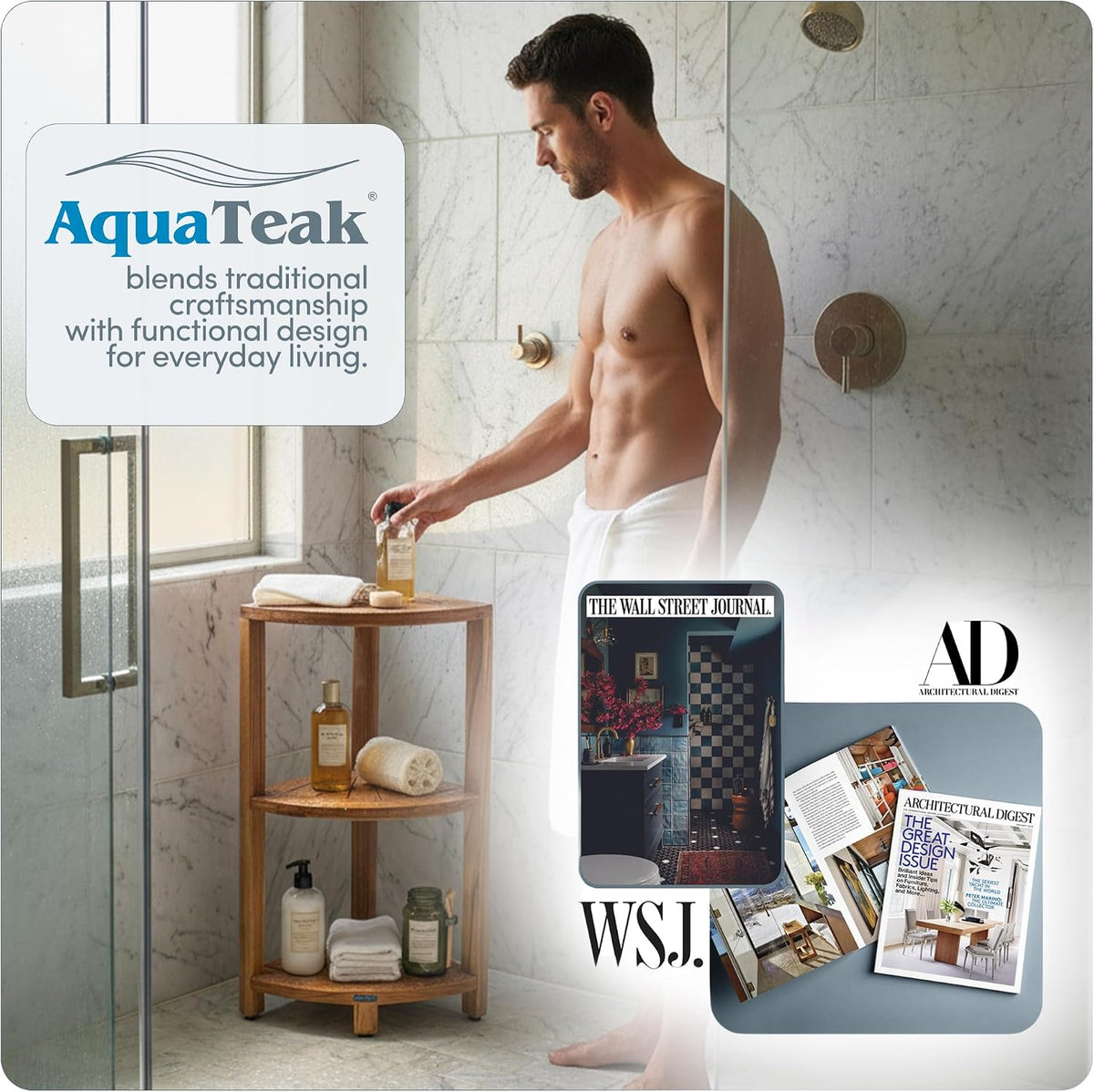 AquaTeak Kai-Petite 12" Teak Corner Shelf Stand, 3 Tier Shower Stand