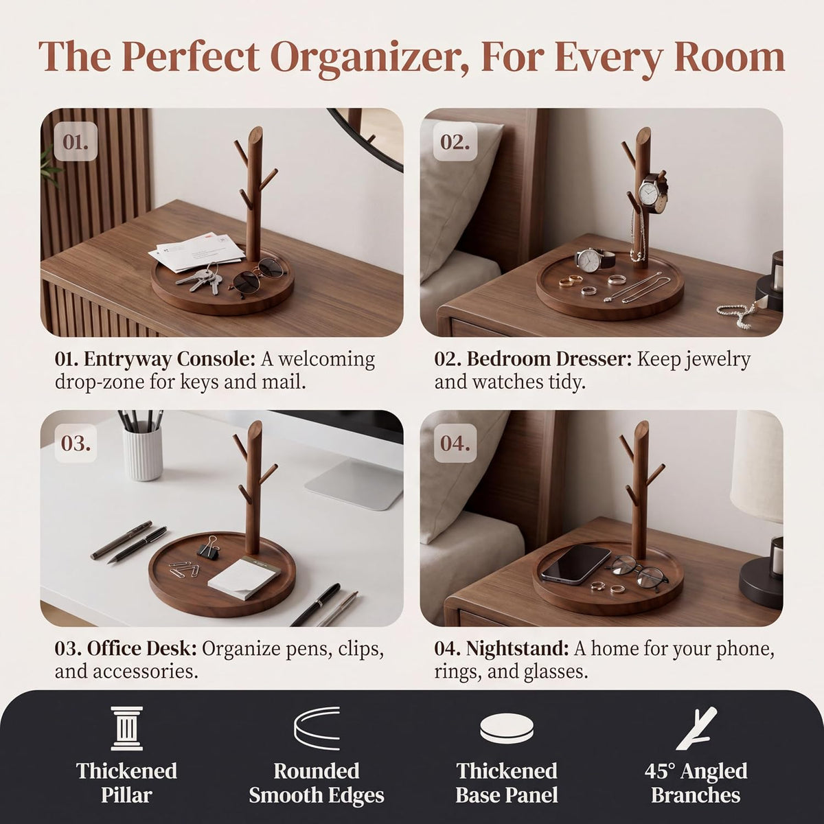 Solid Acacia Wood Key Tray & Key Bowl, Entryway Key Holder Bowl with Hook...