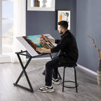 Yaheetech Height Adjustable Drafting Table, Tilting Art Desk, White | Sturdy powder-coated steel X-frame holds an MDF top tilting 0-30° and adjusting 30-41in tall for drawing, crafts and puzzles.