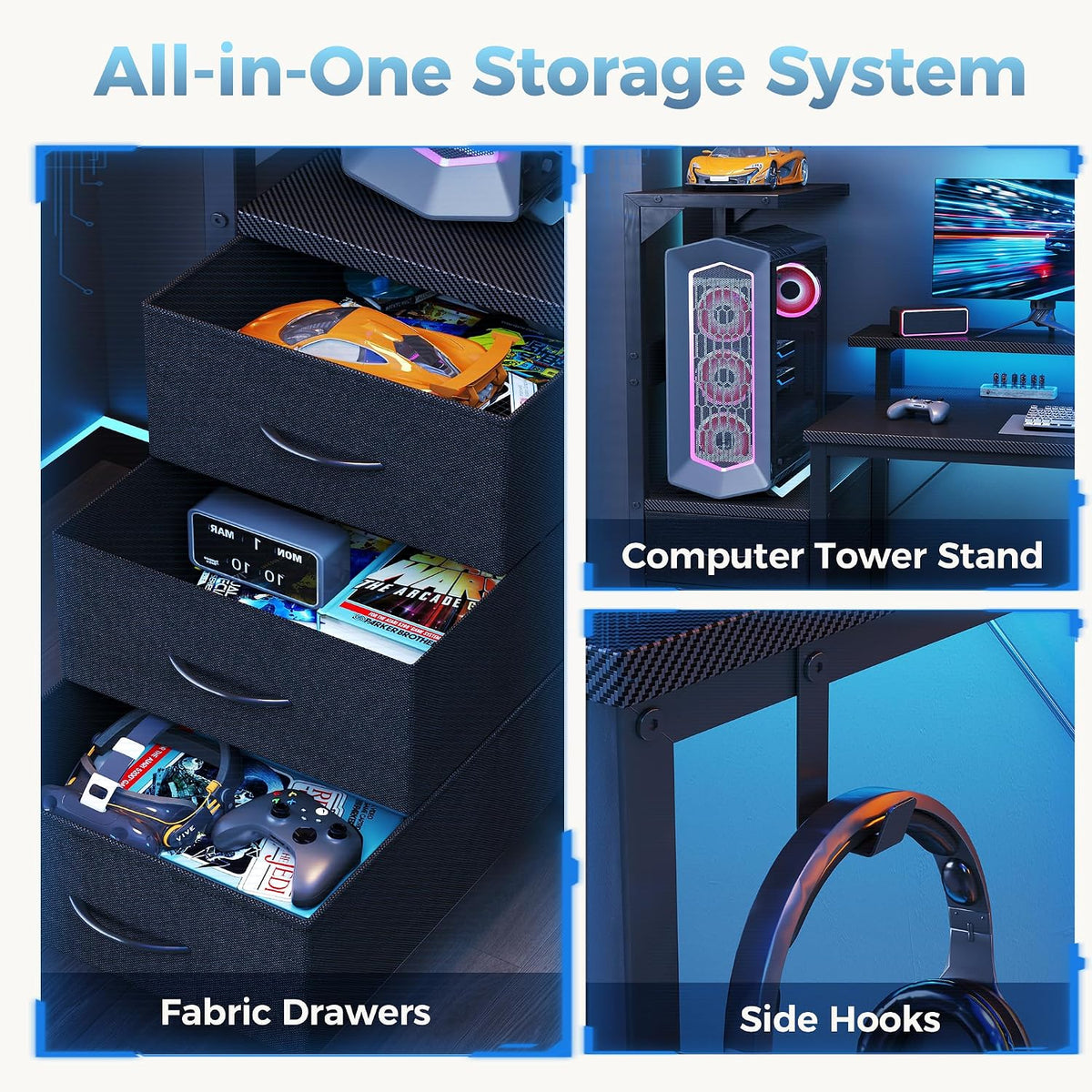 DUMOS 59” Reversible Gaming Computer Desk with Drawers and Power Outlet