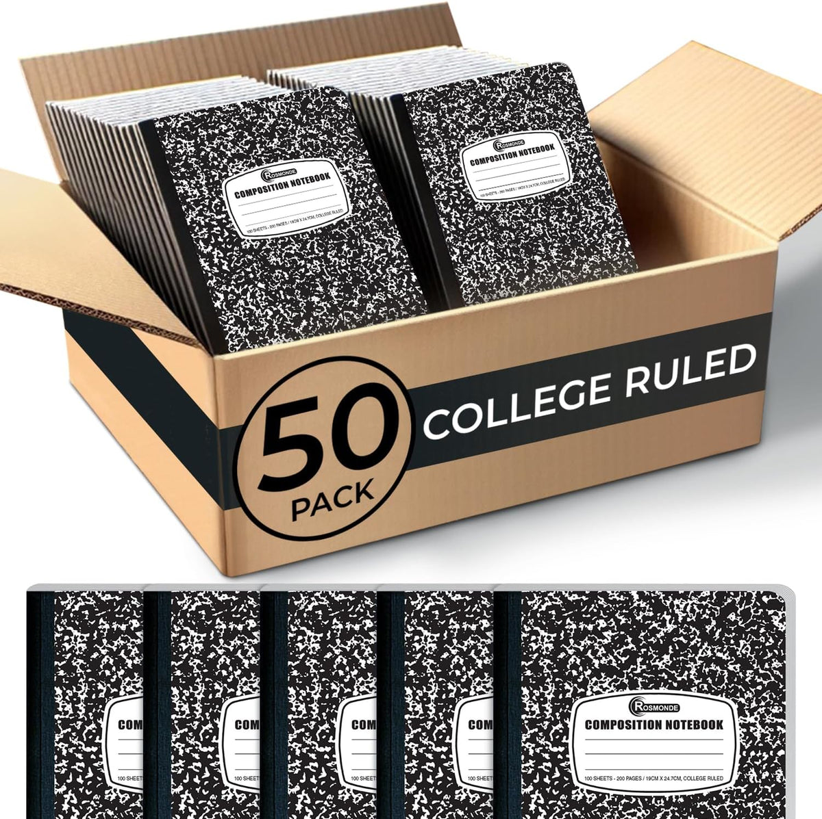 Rosmonde 50 Pack Bulk Composition Notebooks College Ruled, 200 Pages, 9-3/4 x