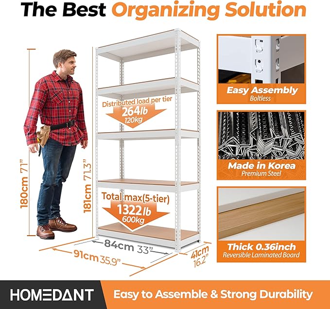 HOMEDANT 35.9" W 5 Tier Heavy Duty Garage Shelving Adjustable Metal Rack - Image 2