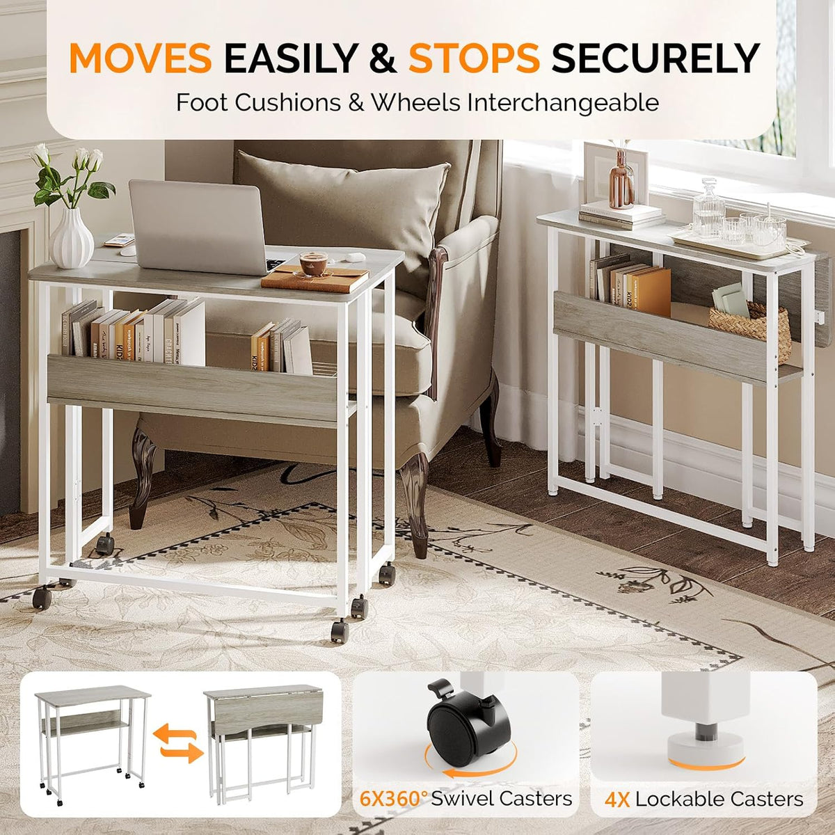 VINGLI 31.5 Inch Folding Computer Table, Small Rolling Desk with Storage Shel...