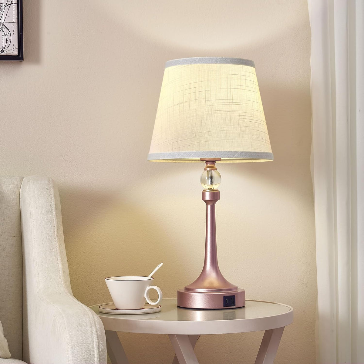 Touch Table Lamp Set of 2 with USB C+A Ports-19.7'' Rose Gold