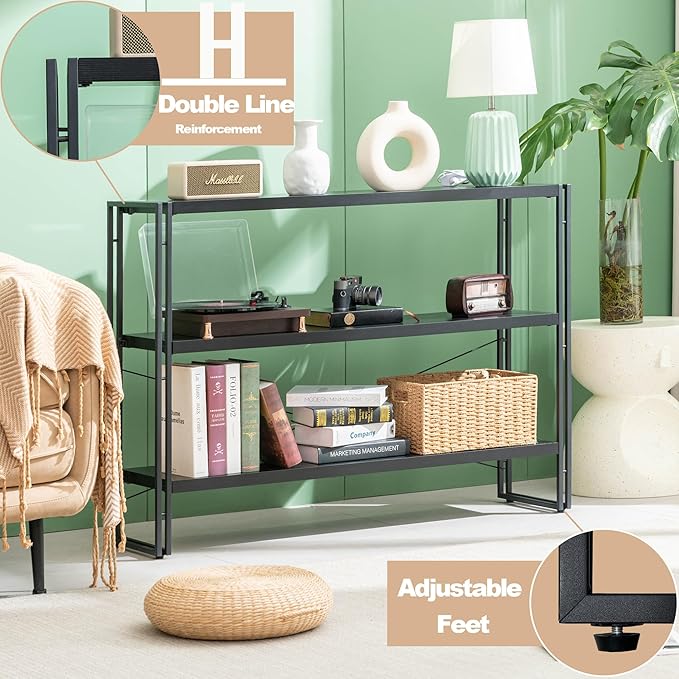 HCHQHS Bookshelf, 3-Tier Industrial Bookcase, Freestanding Horizontal - Image 6