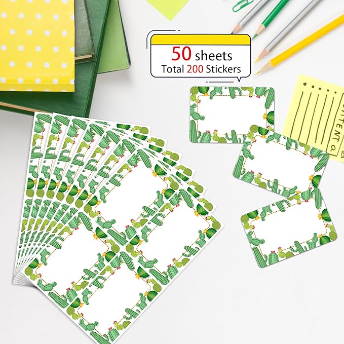 Wonmon 200 PCS Cactus Name Tags Stickers, Self Adhesive Cute Cactus Name Tag - Image 3
