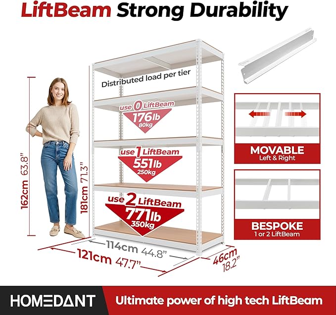 HOMEDANT 47.7" W 5 Tier Heavy Duty Garage Shelving Adjustable Metal Rack - Image 2