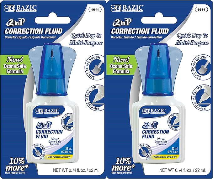BAZIC Products Correction Liquid 2 in 1, Foam Brush & Precise Metal Tip by BAZICProducts