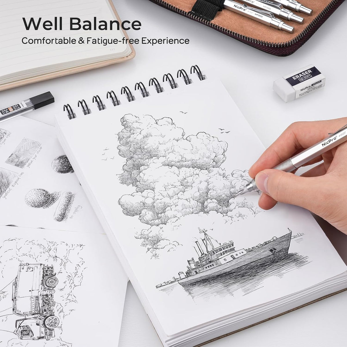nicpro 33pcs metal mechanical pencil set in leather, package contents