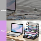 7-tier desk organizer with drawer and pen holder on a desk or shelf