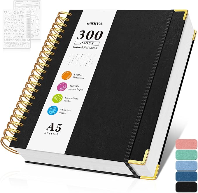 Bullet Dotted Journal Spiral Notebook, 300 Pages Leather Notebooks by OMEYA