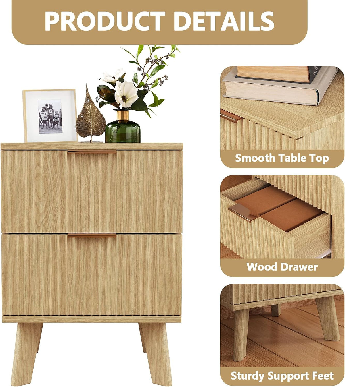 XUZENEST Fluted Nightstand, Mid Century Modern 2 Drawer Bedside Table for Bed...