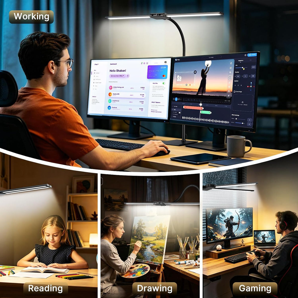 syrinx led desk lamp for home office, 18w, side view