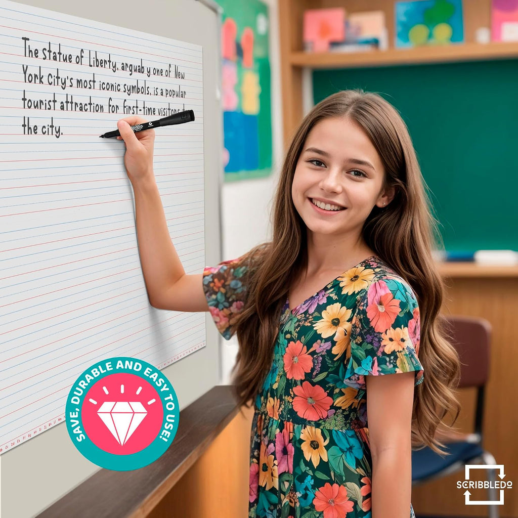 SCRIBBLEDO 30”x24” Large Magnetic Notebook Paper For Classroom Elementary Classroom Must Haves for Teachers Elementary Giant Dry Erase Magnetic Lined Paper for Whiteboard Third Fifth Grade Handwriting