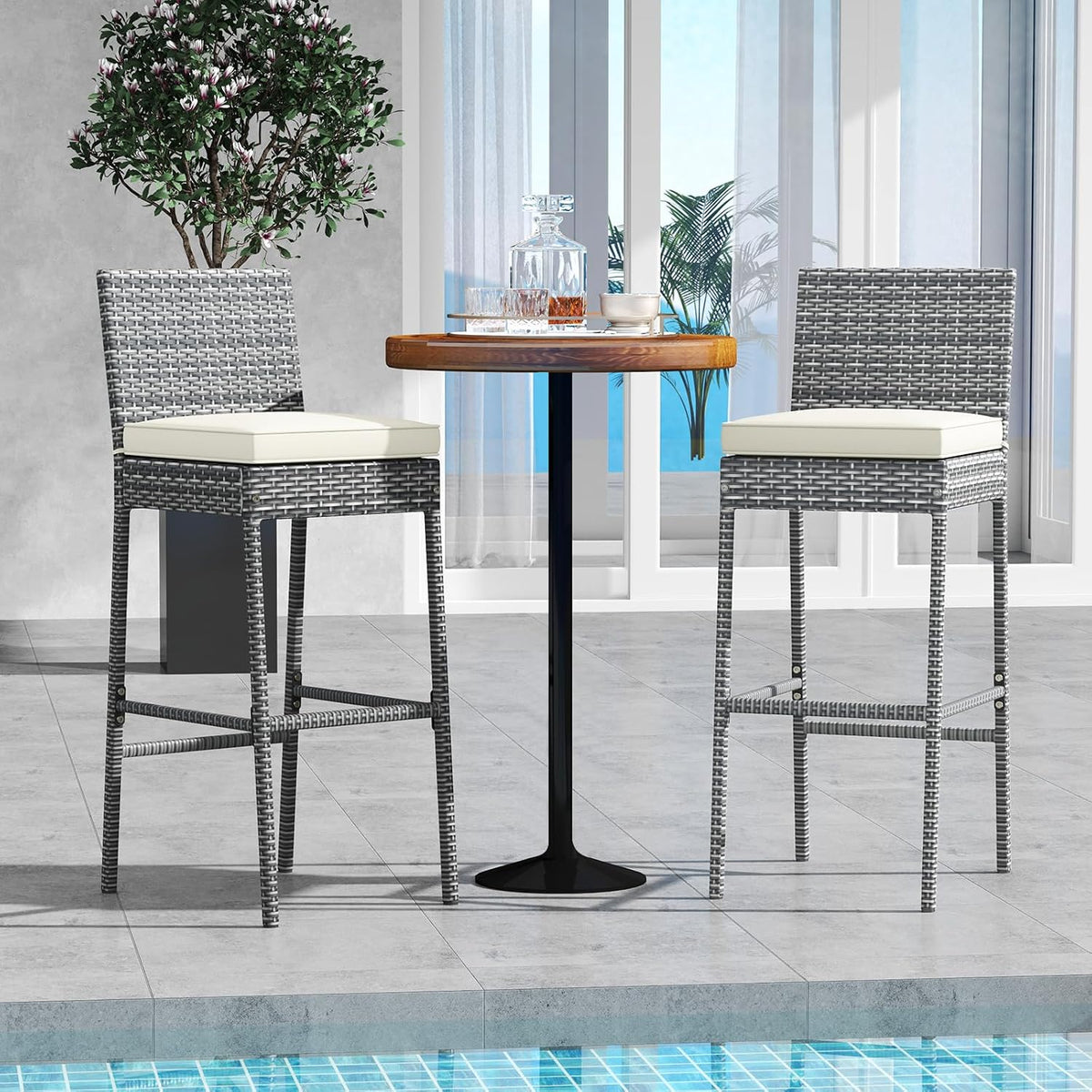 Tangkula Set of 2 Patio Wicker Barstools, Outdoor Bar Height Chair w/Soft Sea...