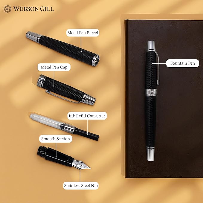 Webson Gill Show Up' Black Luxury Executive Fountain Pen, Woven Lacquer & Chrome - Image 9