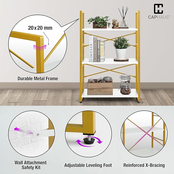 CAPHAUS 3 Tier Small Bookshelf, 24 Inch Width Free Standing Shelf, Bookcase - Image 5