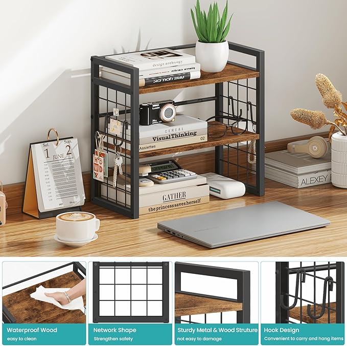 ELITEROO Desktop Shelf Organizer, 2 Tier Wood Desk Bookshelf, Desk Top Storage - Image 4