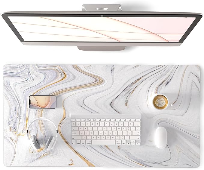 QIYI Large Mouse Pad, Cute Marble White Desk Mat, PU Leather Desk Protector by QIYI
