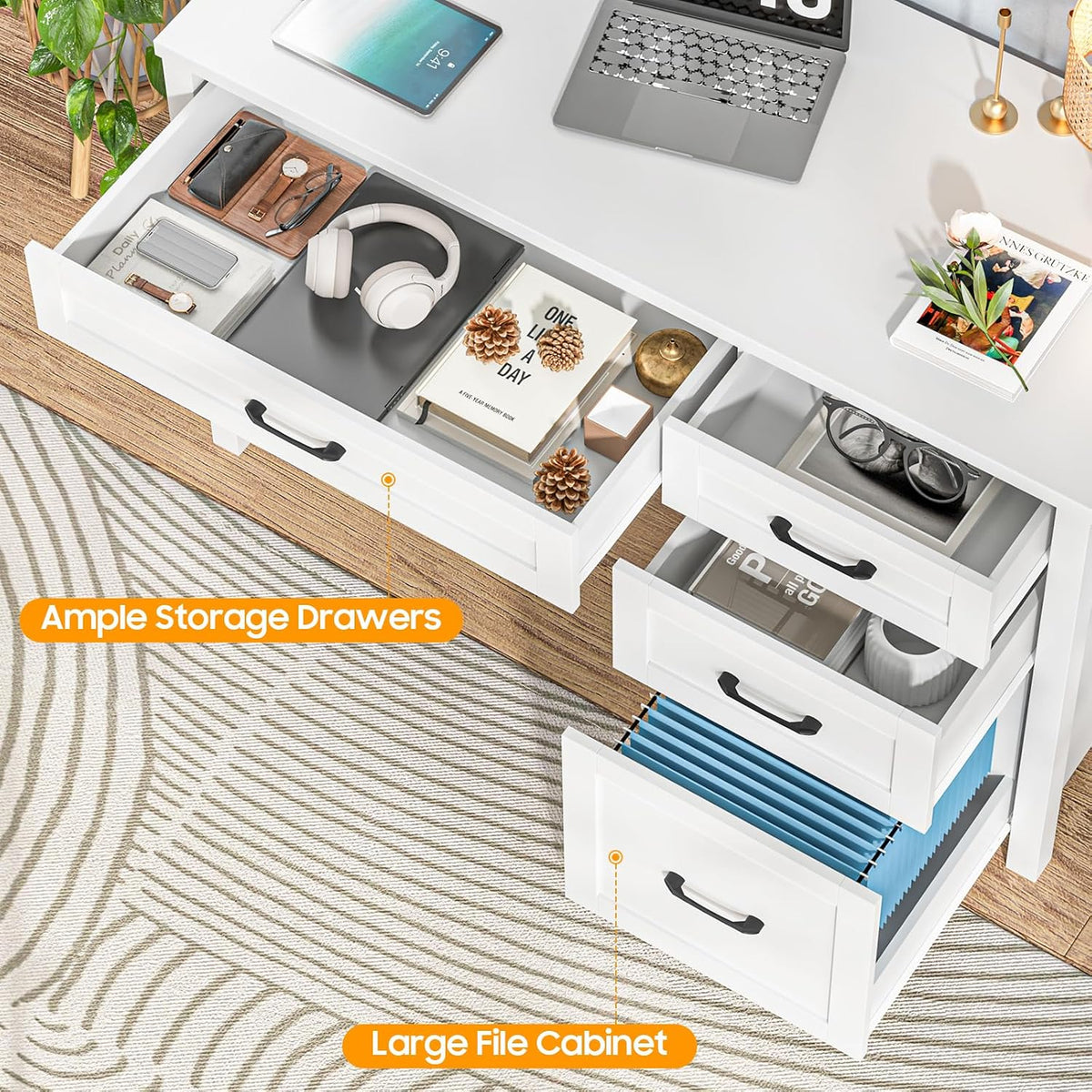 Farmhouse 47" Executive Desk, Computer Desk with File Drawer, Cream White