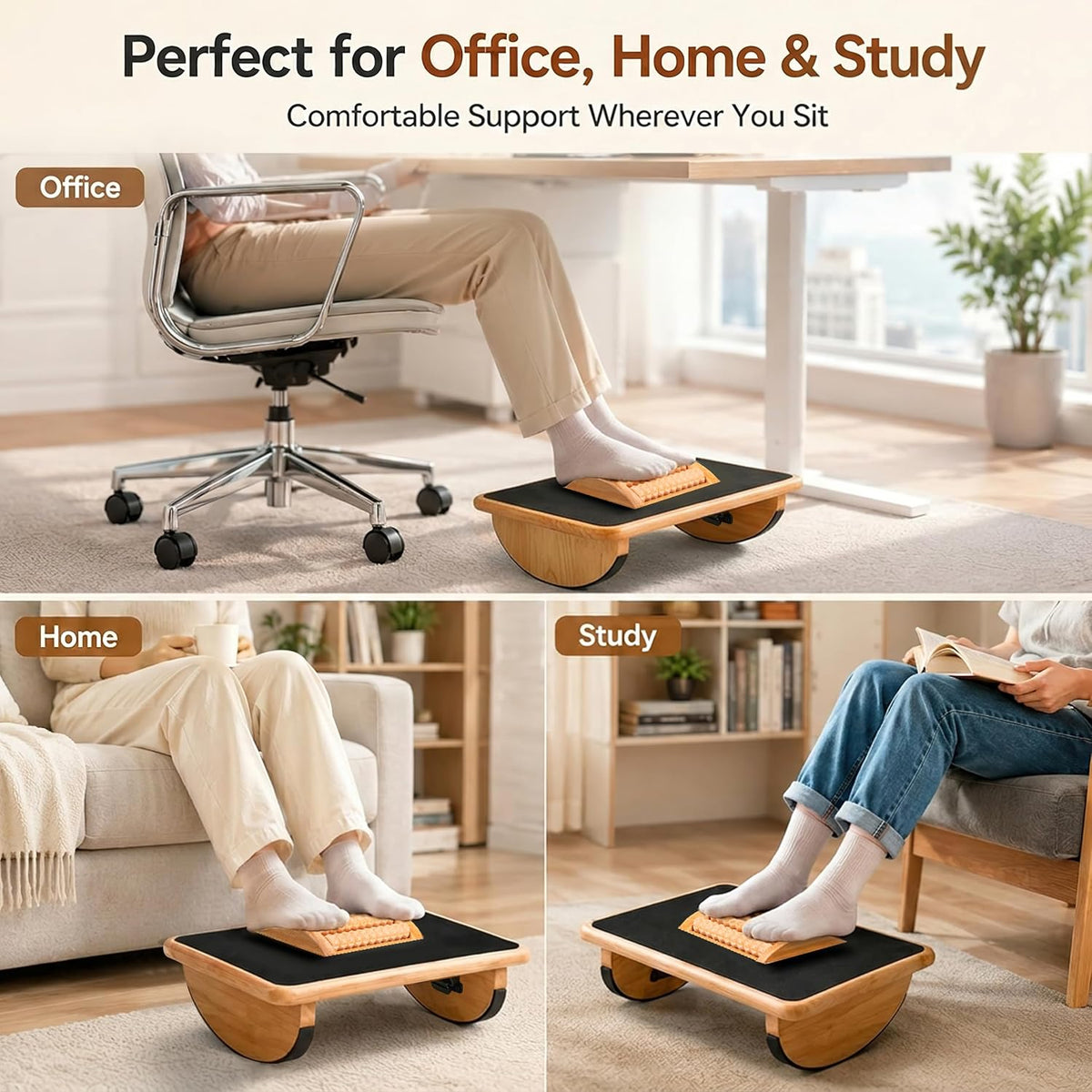 Foldable Under Desk Foot Rest, Wooden Rocking Footrest with 4 Massage Rollers...