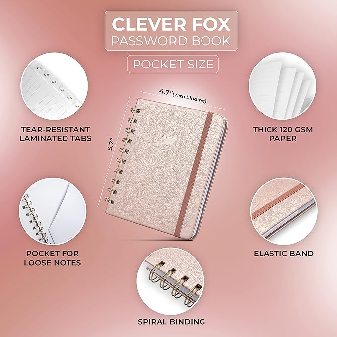 Clever Fox Password Book Spiral – Mini Internet Address & Password Organizer - Image 2
