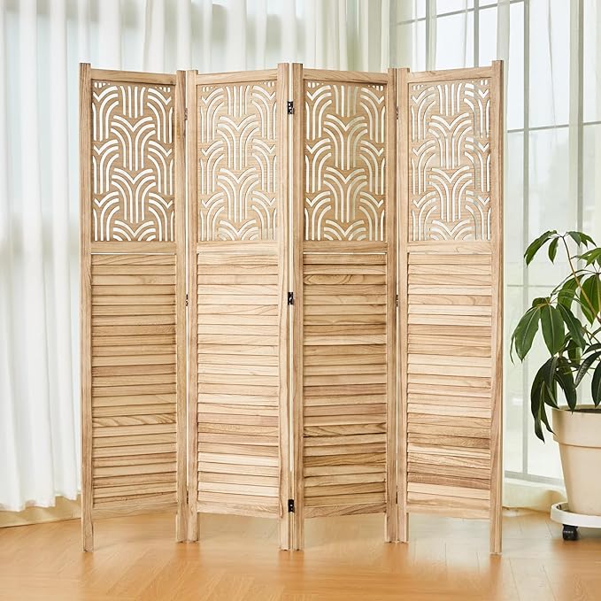 Svimi Folding Room Divider, 66.9 Inch 4 Panels Wood Carved Privacy Screens - Image 8