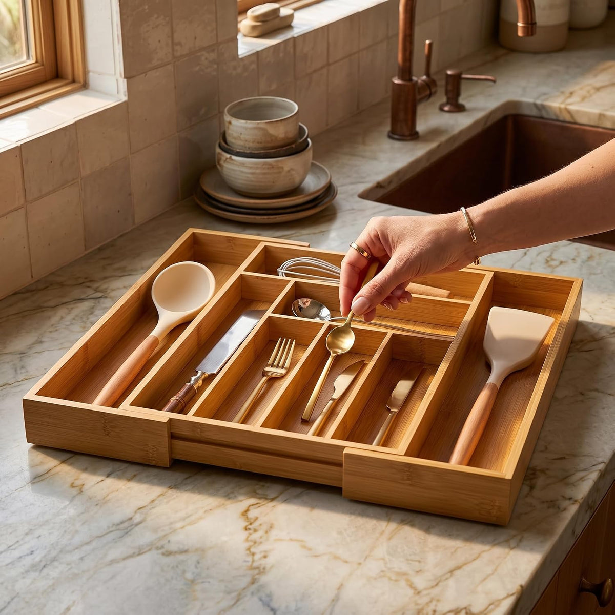 Bamboo Expandable Silverware Drawer Organizer, Utensil Tray