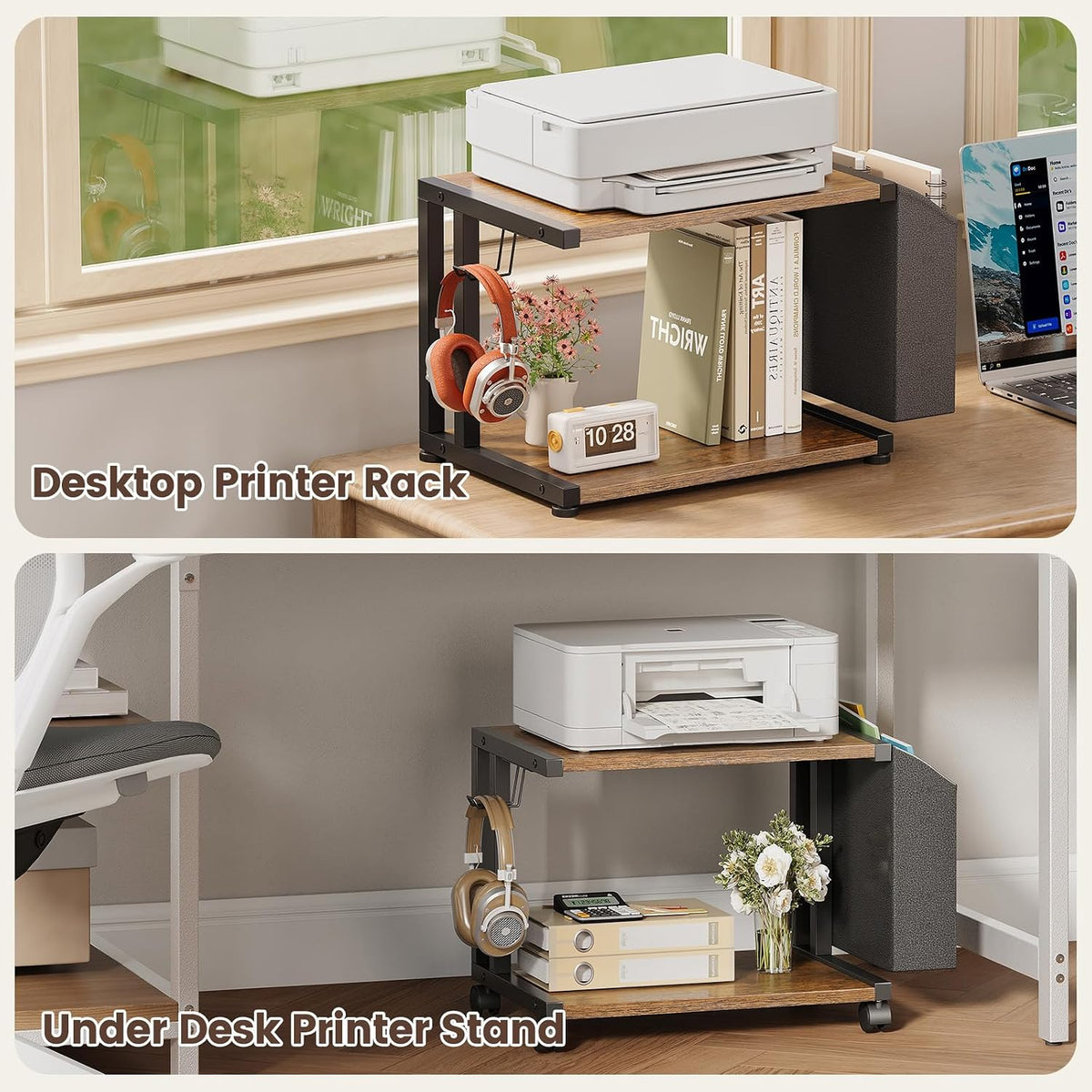 VEDECASA 2 Tier Rustic Brown Wooden Under Desk Printer Stand with Storage Bag...