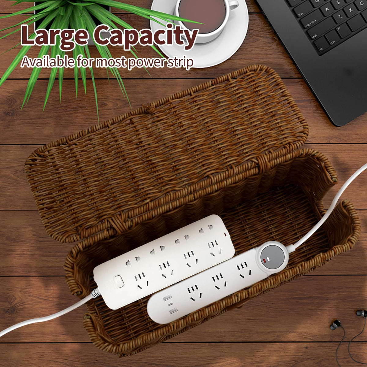 Cable Management Box, Desk Handwoven Rattan Cord Hider Cable Organizer Box Wi...