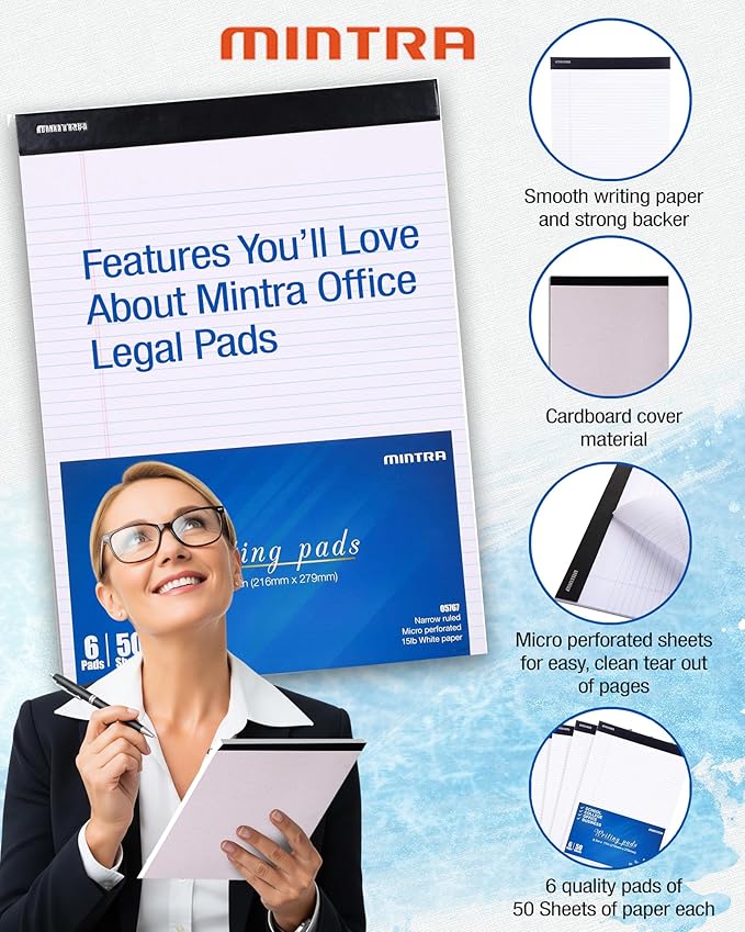 Mintra Office Legal Writing Pads – White Narrow Ruled Paper - Image 4