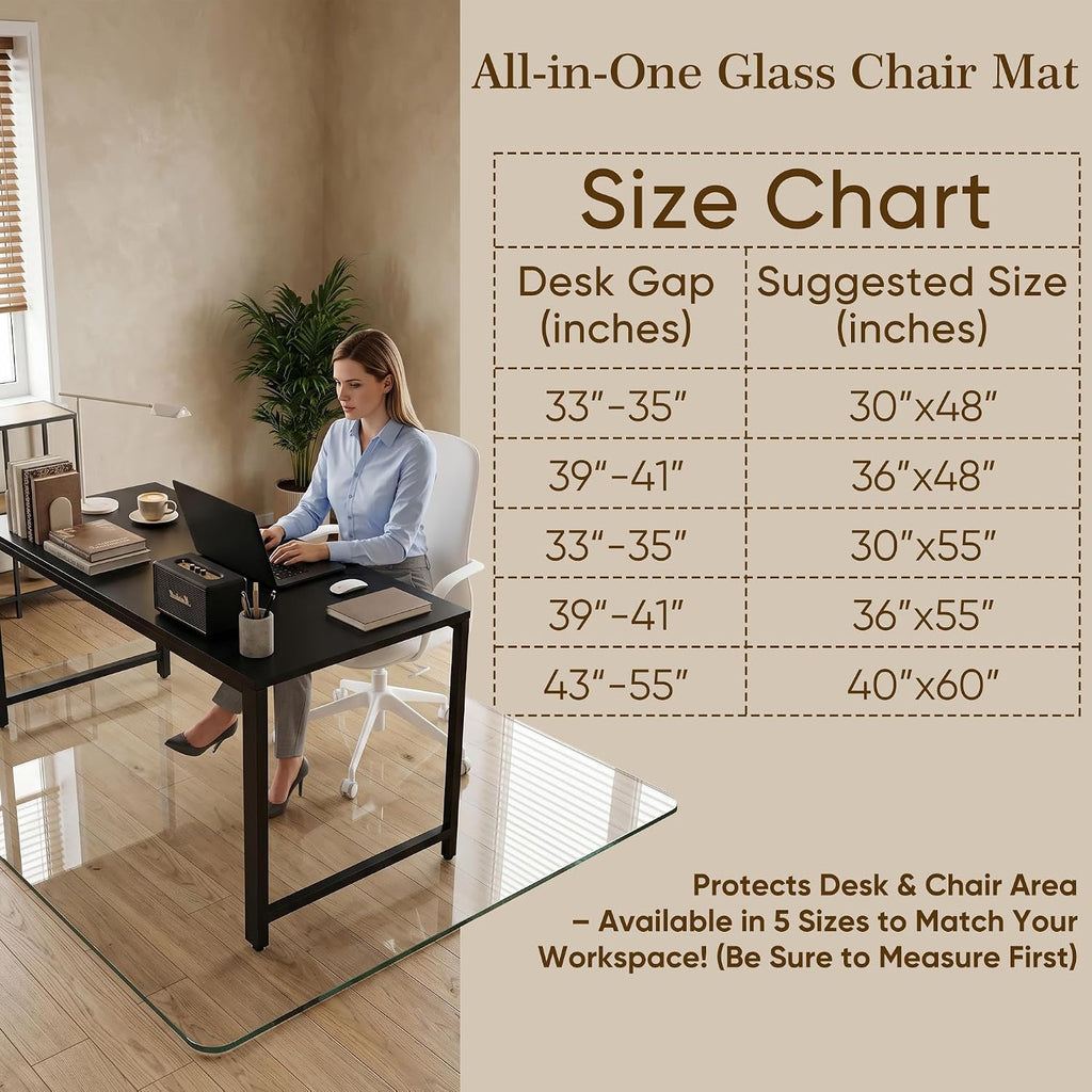 Tempered Glass Chair Mat for Hardwood Floor & Low Pile Carpet, 30" x 48" Heavy Duty Office Chair Mat with Non-Slip Pads, Scratch Resistant Floor Protector for Home Office