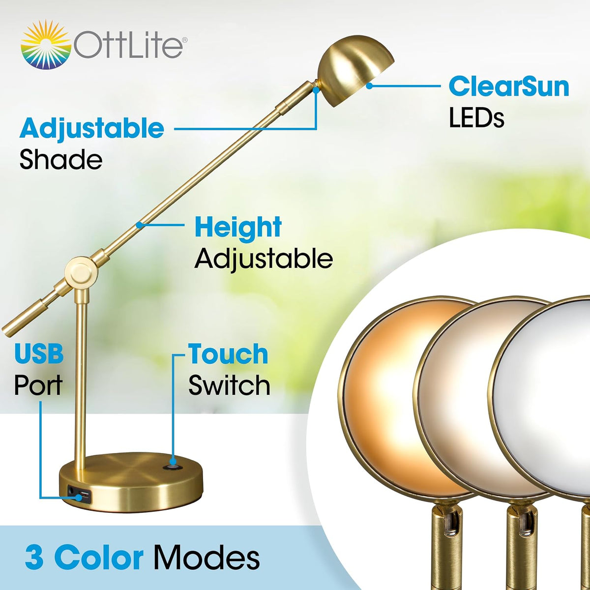 OttLite Direct LED Desk Lamp with USB Port, Brushed Gold