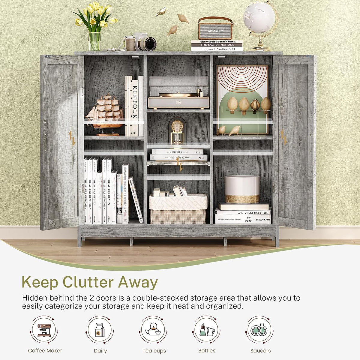 Iwell Storage Cabinet with 2 Doors and 4 Adjustable Shelves, Buffet Cabinet w...