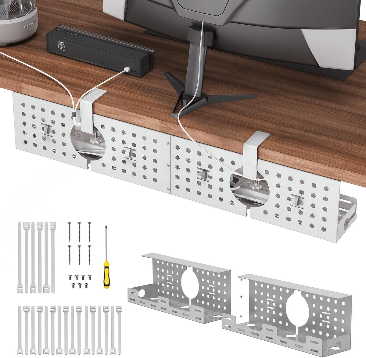 Under Desk Cable Management Tray, 32.6 in, No Drill Cable Organizer, Ivory