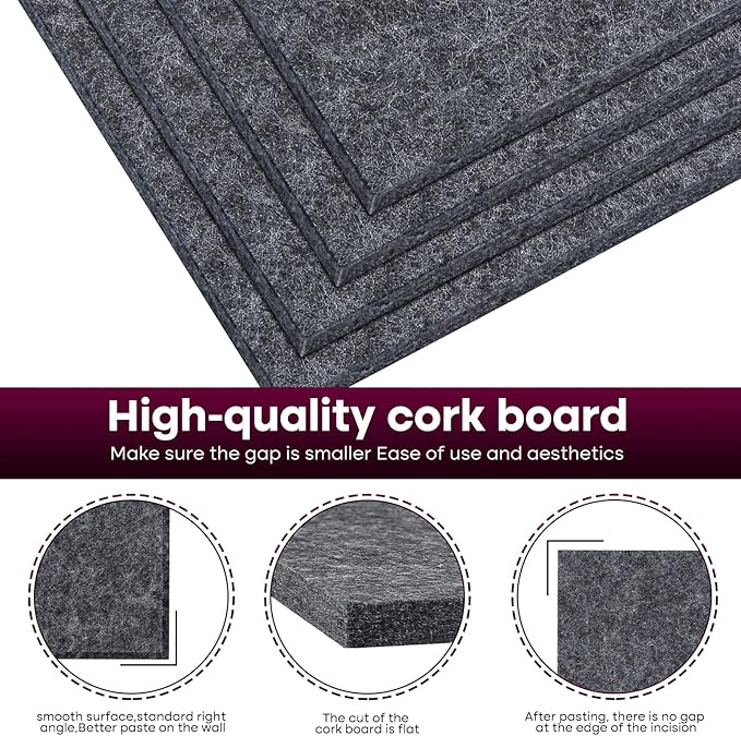 Bouiexye Felt Cork Board Tiles 6 Pack Grey Bulletin Boards 12"x12" - Image 3