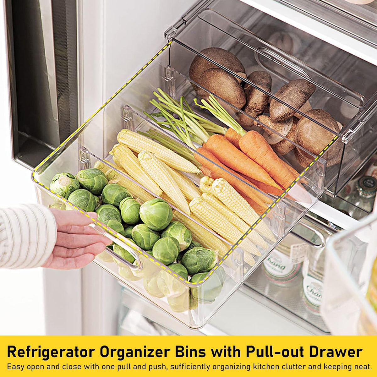4 Pack Refrigerator Organizer Bins with Pull-out Drawer Stackable Clear Fridg...