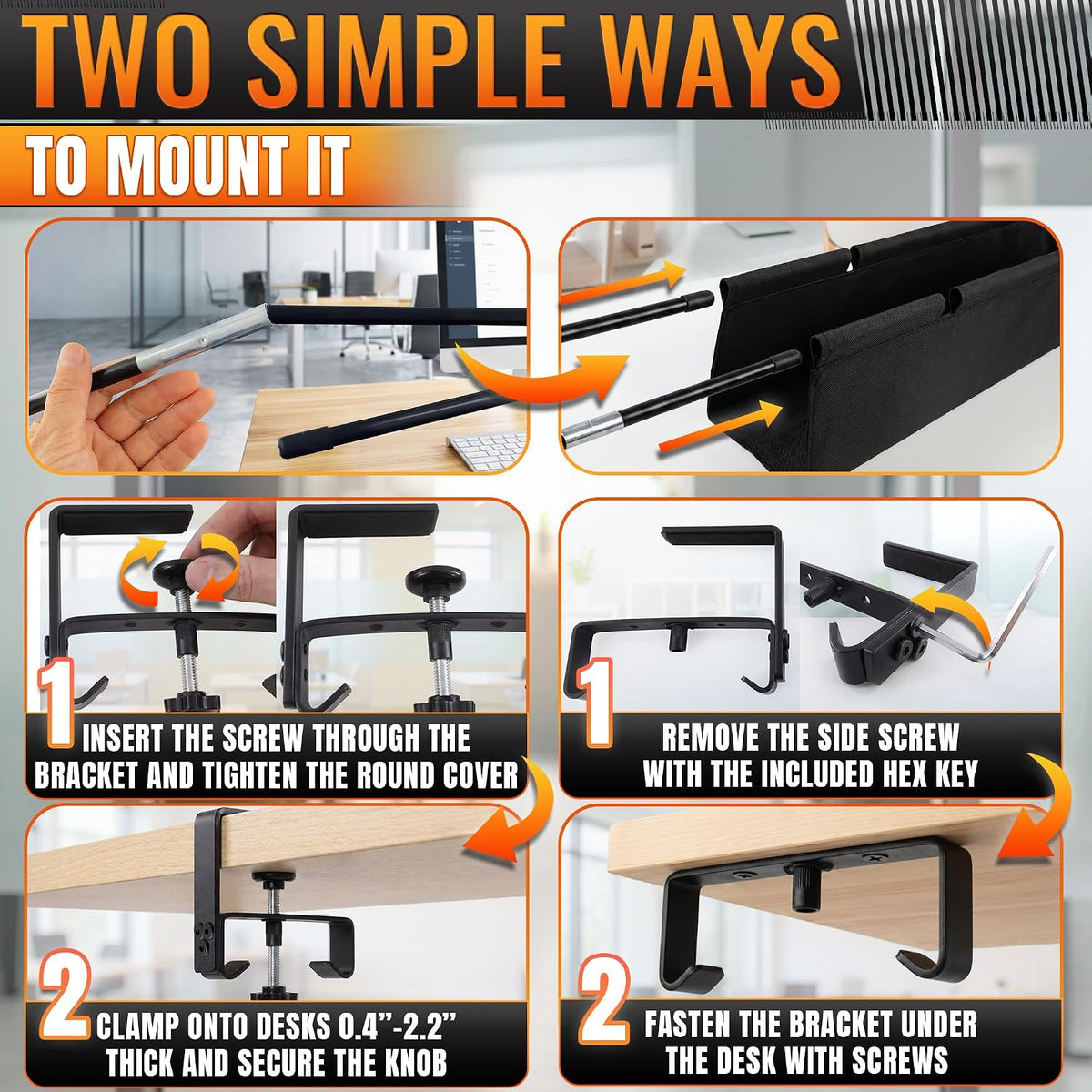 Under Desk Cable Management Tray 36" — No Drill Clamp-On Cord Organizer ...