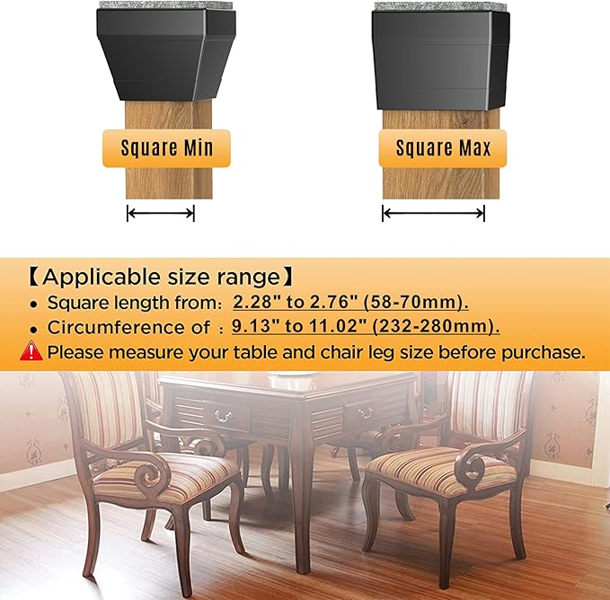 Square Chair Leg Protectors for Hardwood Floors, （Fit: 2.25" -2.75" Black）. - Image 3