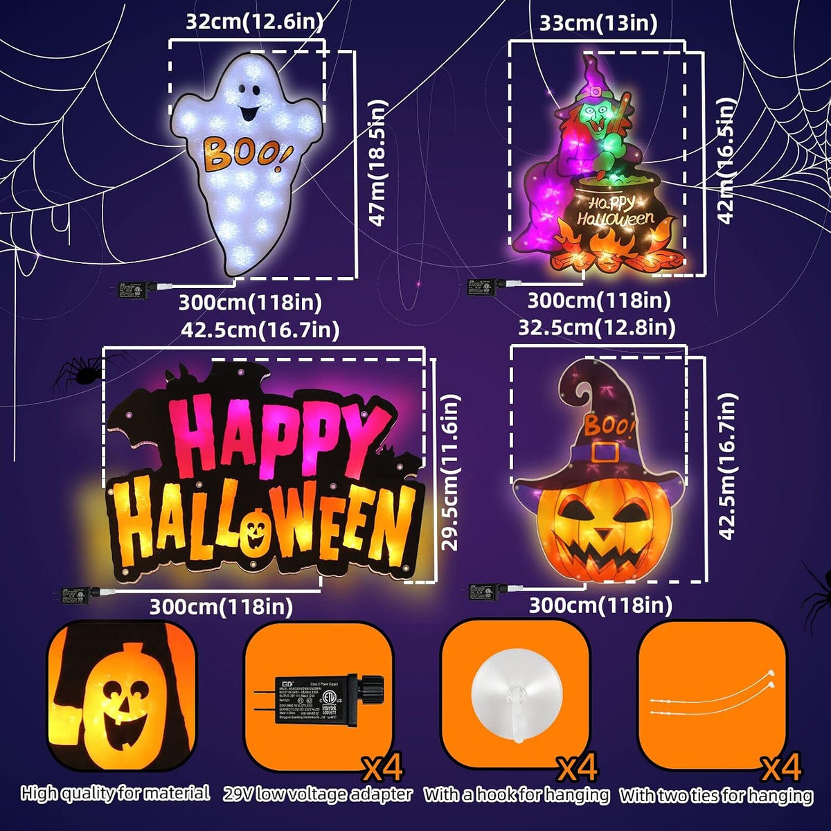 LAMPHOME 4 Pack LED Lighted Ghost,HappyHalloween Sign,Witch,Jack-O-Lantern Ha...