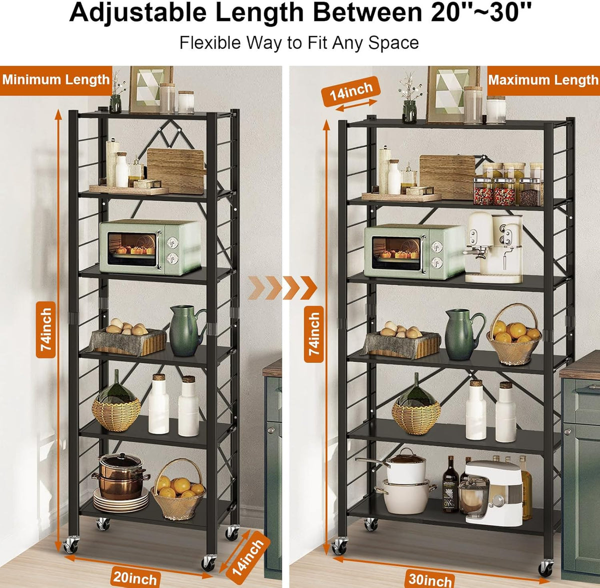 himix 6-tier foldable storage shelves with wheels adjustable shown in use