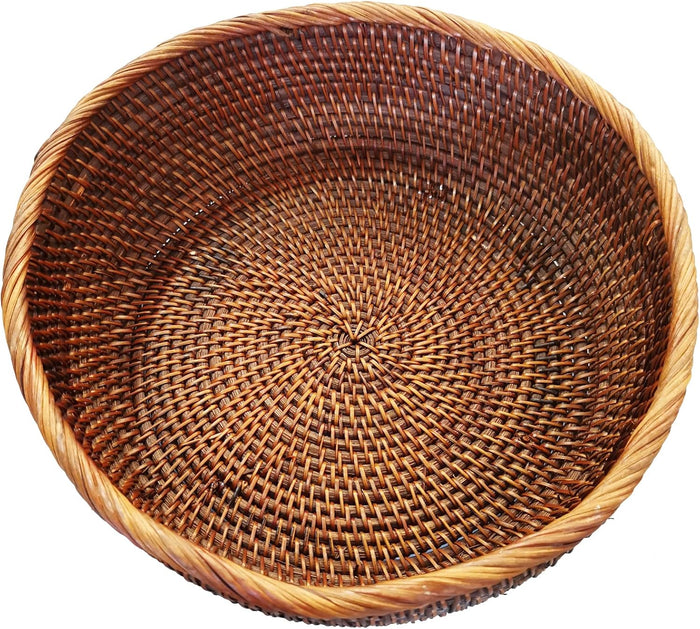 10 Inch Round Rattan Bowl Basket, Handmade Wicker Basket Tray with Scalloped Edge and 4”Deep Wall, Decorative Woven Dark Brown Bread Basket Fruit Bowl Key Holder Table Centerpiece, L