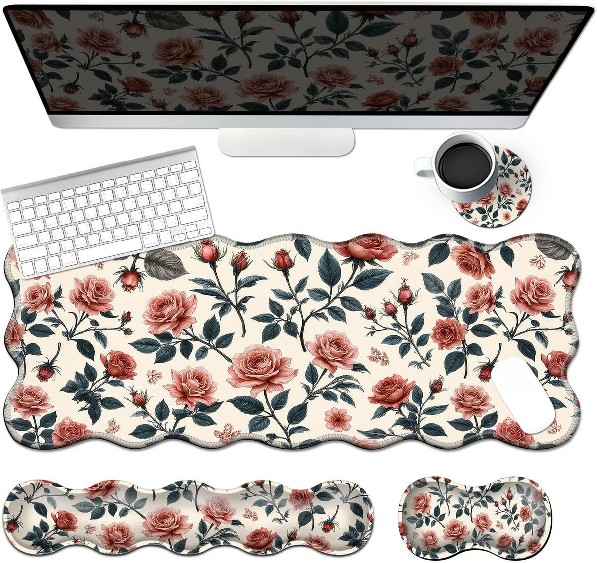 Keyboard Mouse Pad Set,Retro Flowers